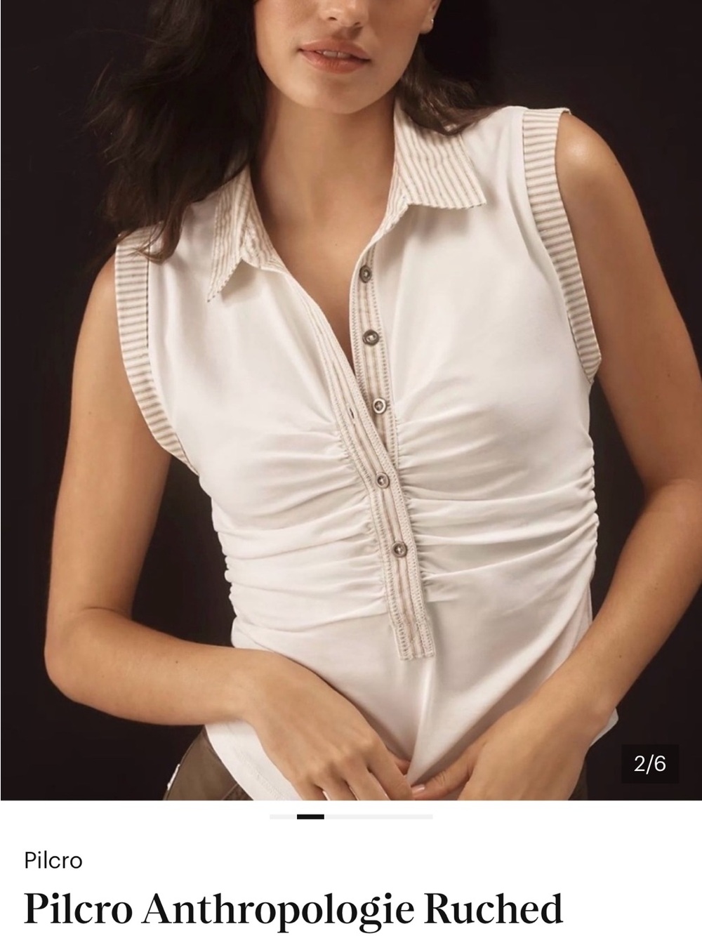 Pilcro Anthropologie Ruched Sleeveless Polo Top Ivory Taupe Stripe S